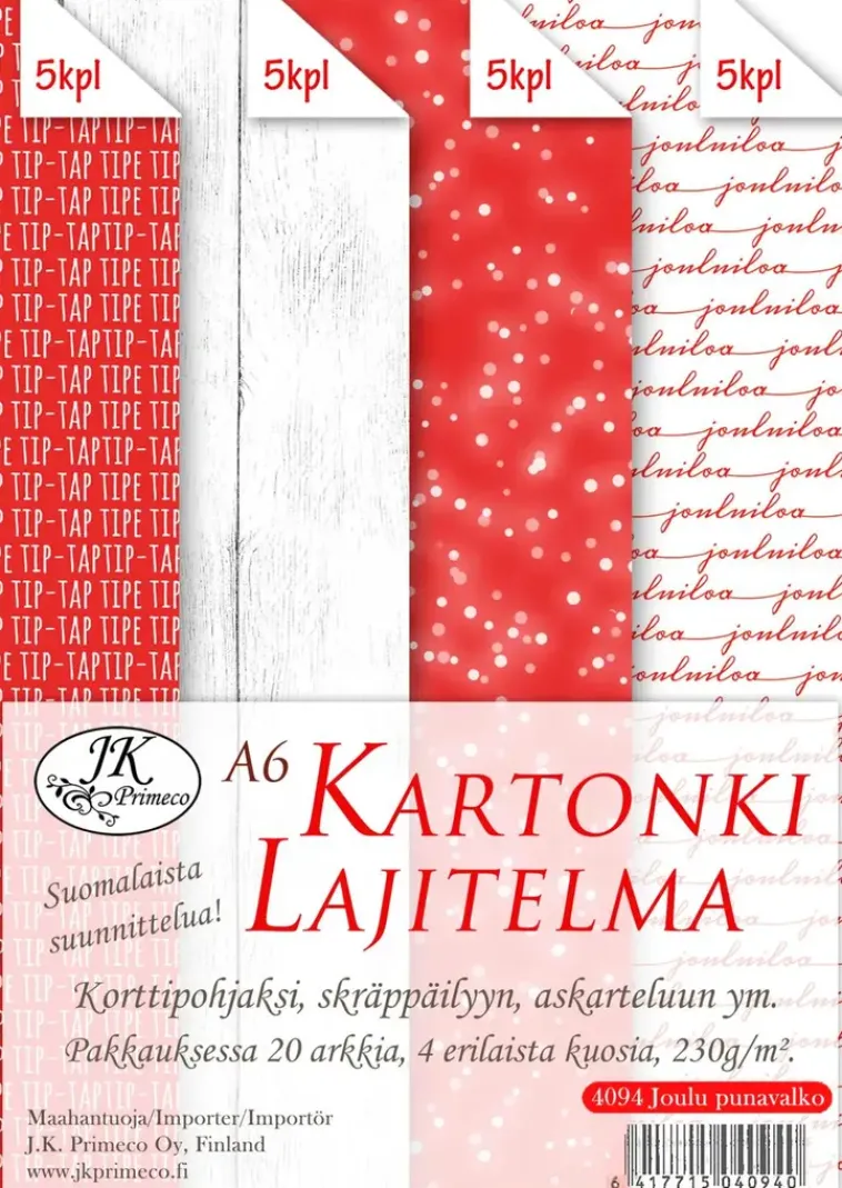 J.K. Primeco Askartelutarvikkeet>A6 Kartonkilajitelma Joulu Punavalko 20Ark