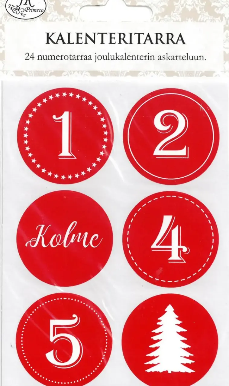 J.K. Primeco Askartelutarvikkeet>Joulukalenteritarra Punavalko 4Ark/Pkt