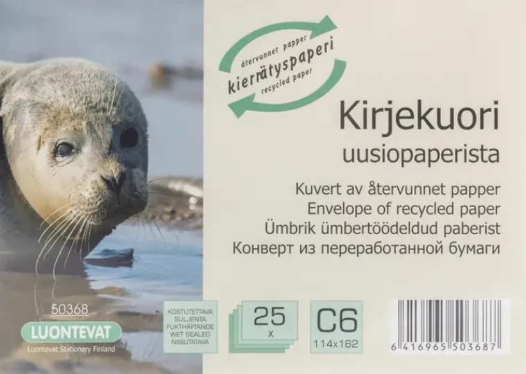 Luontevat Paperitarvikkeet>Kirjekuori C6 25 Kpl Uusiopaperi