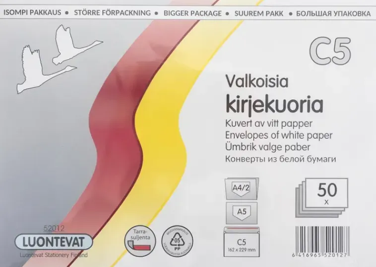 Luontevat Paperitarvikkeet>Kirjekuori C5 50 Kpl Valkoinen Tarrasuljenta