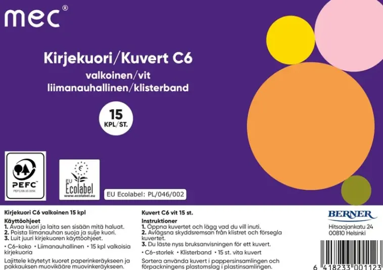 M.E.C Paperitarvikkeet>Mec Kirjekuori C6 Valkoinen 15Kpl